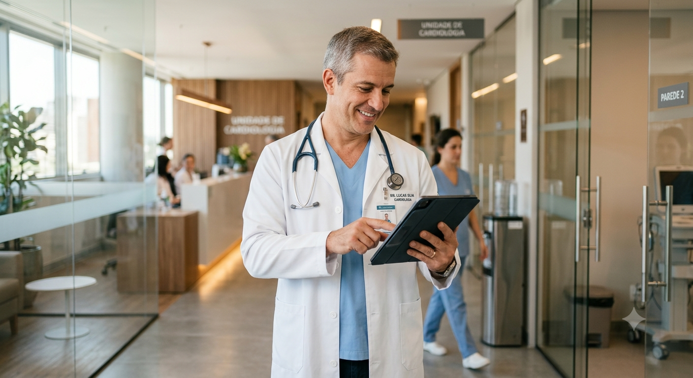 Médico com tablet utilizando tecnologia clínica