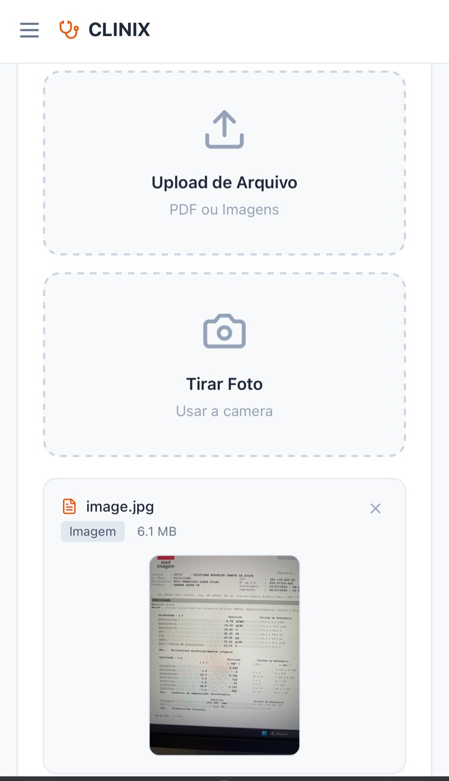 Envio de exame no CLINIX